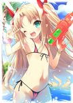  astarotte_ygvar bad_id bad_pixiv_id beach bikini blonde_hair bow bracelet cameltoe cloud day fang flat_chest front-tie_top green_eyes hair_bow heart jewelry light_rays long_hair lotte_no_omocha! micro_bikini navel one_eye_closed palm_tree pointy_ears shiny shiny_skin show_(rinnetenshow) side-tie_bikini sky solo sunbeam sunlight swimsuit tan thigh_gap thong_bikini tree trigger_discipline twintails v water_gun weapon 