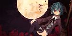  adapted_costume alternate_eye_color animal_ears broom full_moon fuukadia_(narcolepsy) green_hair jitome kasodani_kyouko moon red_eyes short_hair sitting solo thighhighs touhou 