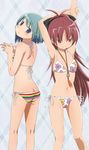  bikini black_hair hair_ribbon legs long_hair long_image looking_back mahou_shoujo_madoka_magica megami miki_sayaka mizugi nakamura_naoto official_art ribbon sakura_kyouko side-tie_bikini striped striped_bikini striped_swimsuit 