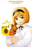  :d black_ribbon bob_cut bouquet bow brown brown_eyes brown_hair card dress_shirt flower flowers gunslinger_girl hair_band henrietta_(gunslinger_girl) open_mouth ribbon short_hair smile solo sunflower white_shirt 