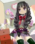  akemi_homura black_hair bow braid clock cure_beat curtain dresser kyubey lamp owarine_miku pantsu phone purple_eyes ribbon school_uniform skirt suit_precure tagme twin_braids 