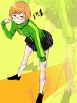  adjusting_eyewear bad_id bad_pixiv_id brown_eyes brown_hair glasses hand_on_own_knee jacket leaning_forward light_smile long_legs marugoshi_teppei persona persona_4 satonaka_chie school_uniform short_hair skirt smiley_face solo track_jacket v yellow-framed_eyewear zoom_layer 