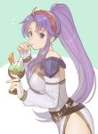  1girl bridal_gauntlets cup dress drinking drinking_glass drinking_straw fire_emblem fire_emblem:_seisen_no_keifu fire_emblem_heroes from_side highres kyufe long_hair looking_to_the_side nintendo ponytail purple_eyes purple_hair side_slit simple_background solo tiltyu_(fire_emblem) 