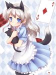  alice_(wonderland) alice_(wonderland)_(cosplay) alice_in_wonderland animal animal_ears animal_hug apron argyle argyle_background black_cat blue_eyes blush card cat cosplay dress eila_ilmatar_juutilainen falling_card fudama long_hair pantyhose playing_card silver_hair smile solo strike_witches striped striped_legwear tail world_witches_series younger 
