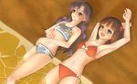  amami_haruka armpits arms_up bad_id bad_pixiv_id beach bikini blue_hair brown_eyes brown_hair green_eyes idolmaster idolmaster_(classic) ishibashi kisaragi_chihaya long_hair lying multiple_girls red_bikini short_hair swimsuit wallpaper waves 