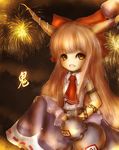  aerial_fireworks amanojaku bad_id bad_pixiv_id belt blush bow chain fang fireworks gourd hair_bow highres horn_ribbon horns ibuki_suika open_mouth orange_hair ribbon skirt solo touhou yellow_eyes 