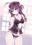  1girl ahoge aka_kitsune asymmetrical_hair blush bow bow_panties breasts bustier camisole cleavage collarbone gloves hagikaze_(kantai_collection) kantai_collection lingerie long_hair one_side_up panties purple_hair purple_panties small_breasts solo underwear white_gloves 