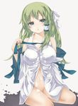  arutoria blush bottomless cum_on_belly cum_on_bodyfacial cum_on_clothes cum_on_leg erect_nipples green_eyes green_hair hair_ribbon kaya_(marble_cube) kochiya_sanae long_hair marble_cube navel no_bra open_mouth ribbon semen sitting smile tonta touhou undressing 