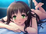  bed blush brown_hair game_cg green_eyes hairclip kanou_karen kurosaki legs_up long_hair lying mole moonlight nude on_stomach oshiri smile solo sweat uhou_renka 