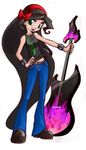  bare_shoulders black_hair bleedman bracelet female fire_design green_eyes guitar jeans long_hair open_mouth oppai ribbon rock smile 