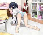  all_fours artist_request azunyan barefoot bed black_hair brown_eyes feet from_behind guitar instrument k-on! long_hair looking_back nakano_azusa open_mouth pantsu pillow shimapan solo striped stuffed_animal twin_tails 