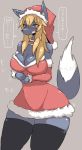  absolute_territory anthro black_fur blonde_hair breasts canid canine christmas cleavage clothed clothing female fur grey_background hair hat holidays inner_ear_fluff inumatori japanese_text kemono legwear mammal open_mouth red_eyes simple_background solo speech_bubble standing text thigh_highs white_fur 