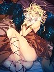  angel angel_wings ankle_lace-up armlet bed blanket blonde blush bracelet breath censored covering eyes_closed head_wreath jewelry long_hair lying necklace nude_cover on_side open_mouth oshiri pillow pubic_hair shijimi_(osumashi) sweat vagina wings 