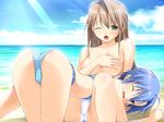  2girls :d beach bikini blonde blue_hair breast_grab game_cg long_hair mizugi open_mouth oshiri pantsu short_hair sky water 