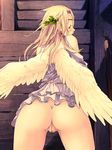  angel angel_wings armlet back blonde blush censored earrings from_behind grey_eyes head_wreath jewelry long_hair looking_back nopan oshiri shijimi_(osumashi) vagina wings 