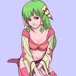  caramel_pitfall feena_(grandia) grandia grandia_i green_eyes green_hair hair_ornament hair_tubes long_hair midriff navel simple_background sitting smile solo thighhighs wide_sleeves 