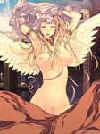  angel angel_wings armlet arms_up blanket blonde blush earrings eyes_closed head_wreath jewelry long_hair necklace nude open_mouth pubic_hair shijimi_(osumashi) sweat undressing vagina waki wings 