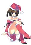  blue_eyes boots bow brown_hair choker christmas dress hairclip legs mahou_shoujo_lyrical_nanoha mahou_shoujo_lyrical_nanoha_a&#039;s mahou_shoujo_lyrical_nanoha_strikers mistletoe open_mouth oshiri panchira pantyshot_sitting ribbon santa_costume santa_hat shimapan short_hair sitting smile striped yagami_hayate 