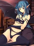  bat_wings blue_hair demon_girl gloves grey_eyes horns long_hair pointed_ears shijimi_(osumashi) smile thighhighs wings 