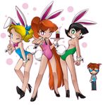  bare_shoulders bleedman blossom_(ppg) blush bubbles_(ppg) bunny_suit buttercup_(ppg) detached_collar dexter drink drinks kemonomimi long_hair megane necktie nosebleed party powerpuff_girls short_hair smile three_girls tongue 