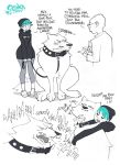  blue_hair canid canine canis clothing collar comic dialogue domestic_dog fangdangler female feral hair hoodie human leash male mammal 