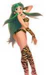  bikini blue_eyes fangs green_hair horns kuzu long_hair lum mizugi open_mouth oppai oshiri side smile thighhighs tiger_print tubetop urusei_yatsura 