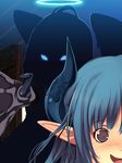  blue_hair demon_girl glowing_eyes grey_eyes halo horns open_mouth pointed_ears shijimi_(osumashi) silhouette sweat wings 