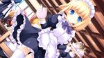  blonde blue_eyes game_cg hyper_highspeed_genius indoors iris_windsor long_hair maid maid_headdress ponytail ribbon ruffles short_hair smile solo thighhighs waitress white_legwear yukiwo 