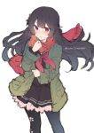  1girl black_hair black_legwear black_shirt black_skirt blush floating_hair girls_frontline green_jacket hand_up ikeuchi_tanuma jacket long_hair long_sleeves looking_at_viewer miniskirt neckerchief open_clothes open_jacket pantyhose parted_lips red_eyes red_neckwear red_scarf scarf school_uniform shirt simple_background sketch skirt solo standing twitter_username type_100_(girls_frontline) white_background 