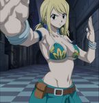  1girl alternate_costume bare_shoulders belt bikini bikini_top blonde blonde_hair breasts cleavage fairy_tail large_breasts lucy_heartfilia lucy_heartphilia mizugi navel oppai screen_capture screencap solo stitched 