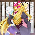  arms_at_side back_to_back blonde gauntlet_gloves hiteihime_(katanagatari) katanagatari maple_leaf_motif togame white_hair zettai_ryouiki 