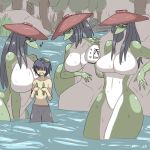  anthro black_hair breasts butt clothing featureless_breasts featureless_crotch female group hair hat hi_res holding_object human inumatori kappa male mammal nude open_mouth outside red_eyes shorts water 