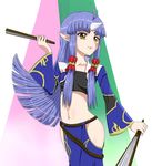  bell blue_hair endless_frontier fan hair_bell hips horn horns long_hair nopan pointed_ears skirt smile super_robot_wars super_robot_wars_og_saga_mugen_no_frontier suzuka_hime tubetop yellow_eyes 