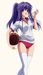  basketball bloomers buruma clannad fujibayashi_kyou gym_uniform long_hair purple_eyes purple_hair thighhighs whistle white_thighhighs 
