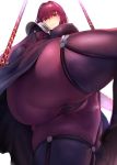  1girl ass bangs blurry bodysuit breasts cameltoe close-up commentary_request covered_navel curvy depth_of_field erect_nipples expressionless eyebrows_visible_through_hair fate/grand_order fate_(series) from_below gae_bolg hair_between_eyes highres huge_ass iku_(ikuchan_kaoru) large_breasts leg_lift leotard long_hair looking_at_viewer looking_down out_of_frame pauldrons perspective pink_lips plump polearm purple_bodysuit purple_hair purple_leotard red_eyes scathach_(fate)_(all) scathach_(fate/grand_order) shoulder_armor skindentation solo spear spread_legs standing standing_on_one_leg sweat thick_thighs thighs weapon wide_hips 