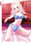  absurdres barefoot blonde_hair blue_eyes blush bra breasts couch highres kneeling lingerie long_hair matsumoto_noriyuki medium_breasts navel original panties polka_dot polka_dot_bra polka_dot_panties smile solo stomach underwear underwear_only wavy_hair 