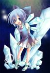  arms_behind_back blue_eyes blue_hair bow child cirno dress hair_bow ice open_mouth pochi-t ribbon shoes short_hair socks solo touhou wings 