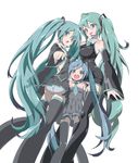  9aki alternate_costume aqua_hair aqua_nails breasts child dress hatsune_miku headset long_hair multiple_girls multiple_persona nail_polish necktie older small_breasts thighhighs time_paradox twintails very_long_hair vocaloid younger 