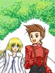  blonde_hair brown_eyes brown_hair buttons colette_brunel collet_brunel lloyd_irving long_hair open_mouth short_hair tales_of_(series) tales_of_symphonia 