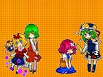  :&lt; ^_^ angry ascot bad_id bad_pixiv_id bandaid blonde_hair blue_eyes blush bow bubble closed_eyes closed_umbrella crossed_bandaids crown doll green_hair hair_bobbles hair_bow hair_ornament hairband hat kazami_yuuka medicine_melancholy multiple_girls onozuka_komachi orange_background pink_hair plaid plaid_background plaid_skirt plaid_vest planted_umbrella poison ribbon rod_of_remorse seiza shiki_eiki short_hair sitting skirt skirt_set su-san takamura teardrop touhou two_side_up umbrella unmoving_pattern vest wings 