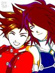  age_difference brown_hair buttons eyes_closed father_and_son happy kratos_aurion lloyd_irving oekaki short_hair simple_background smile tales_of_(series) tales_of_symphonia 