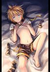  androgynous barefoot belt blonde_hair blue_eyes bryanth feet kagamine_len male_focus navel pillarboxed shorts solo vocaloid 