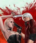  1girl capcom dante_(devil_may_cry) devil_may_cry gloves gun handgun lips minh_do realistic trish_(devil_may_cry) weapon white_hair zipper 