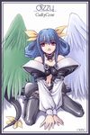  asymmetrical_wings blue_hair choker dizzy guilty_gear hair_ribbon kneeling long_hair orebalgum red_eyes ribbon tail tail_ribbon thighhighs wings 