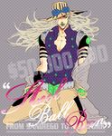  beard belt cape english facial_hair green_eyes green_lipstick grey_hair gyro_zeppeli hat jojo_no_kimyou_na_bouken kneeling lipstick long_hair makeup male_focus solo steel_ball_run text_focus tommy 