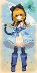  animal_ears bad_id bad_pixiv_id blue_footwear boots braid cat_ears cat_tail cherrypin hair_over_shoulder original ribbon solo tail tail_ribbon thighhighs twin_braids umbrella 