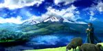  bad_id bad_pixiv_id blue_hair cloud day kaito katagiri lake male_focus mountain scarf scenery sheep sky smile solo vocaloid 