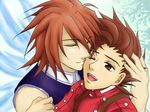  age_difference brown_eyes brown_hair buttons eyes_closed father_and_son hug kratos_aurion lloyd_irving lowres one_eye_closed open_mouth red_hair redhead short_hair smile tales_of_(series) tales_of_symphonia wings wink 