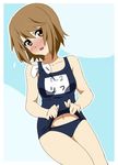  alternate_hairstyle bad_id bad_pixiv_id blush brown_eyes brown_hair face hair_down ikari_manatsu k-on! navel one-piece_swimsuit school_swimsuit school_swimsuit_flap short_hair solo swimsuit tainaka_ritsu towel 