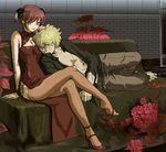  1girl artist_request blonde_hair blue_eyes breasts bun_cover chest china_dress chinese_clothes cleavage couch couple crossed_legs double_bun dress feet flower gintama hetero high_heels kagura_(gintama) legs medium_breasts older red_eyes red_hair rose sakata_kintoki shoe_dangle shoes sitting thighhighs 